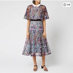 Self-Portrait Black Mesh Midi Dress with Multi-Colored Floral Embroidery NWT
